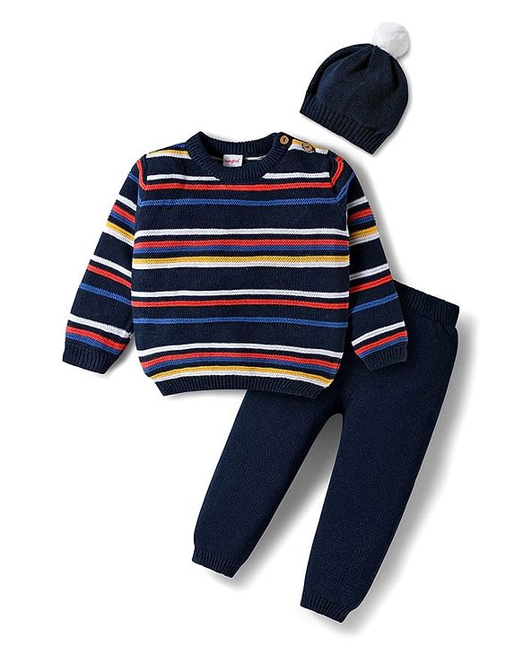 Babyhug Cotton Knitted Full Sleeves Striped Sweater Set With Cap - Navy Blue