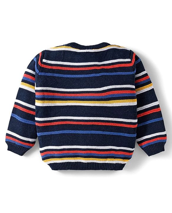 Babyhug Cotton Knitted Full Sleeves Striped Sweater Set With Cap - Navy Blue