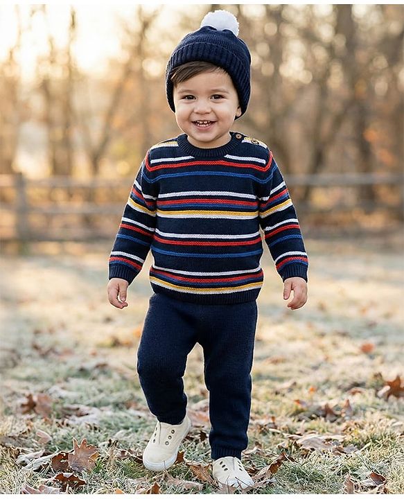Babyhug Cotton Knitted Full Sleeves Striped Sweater Set With Cap - Navy Blue