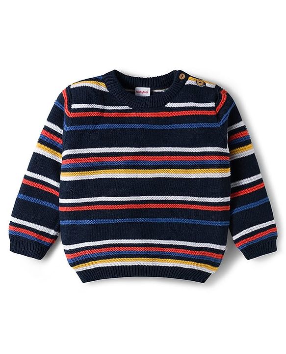 Babyhug Cotton Knitted Full Sleeves Striped Sweater Set With Cap - Navy Blue