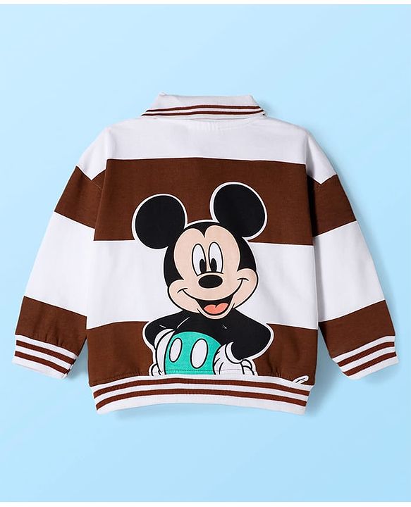 Babyhug Disney Terry Knit Full Sleeve Drop Shoulder T-Shirt with Front and Back Mickey Mouse Graphics - Brown & White