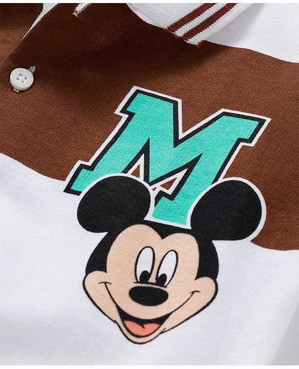 Babyhug Disney Terry Knit Full Sleeve Drop Shoulder T-Shirt with Front and Back Mickey Mouse Graphics - Brown & White