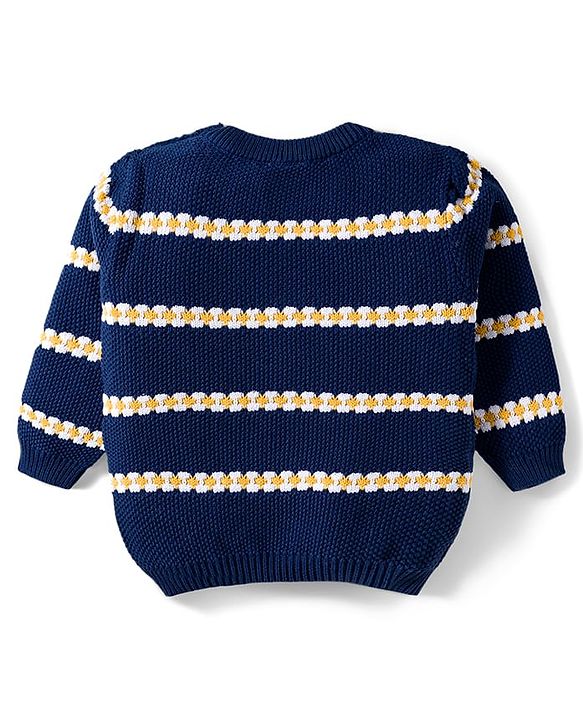 Babyhug Cotton Knitted Full Sleeves Striped Sweater Set With Cap - Navy Blue & Yellow