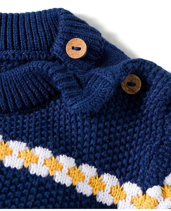 Babyhug Cotton Knitted Full Sleeves Striped Sweater Set With Cap - Navy Blue & Yellow