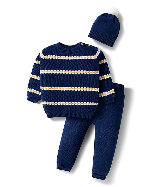 Babyhug Cotton Knitted Full Sleeves Striped Sweater Set With Cap - Navy Blue & Yellow