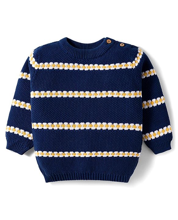 Babyhug Cotton Knitted Full Sleeves Striped Sweater Set With Cap - Navy Blue & Yellow