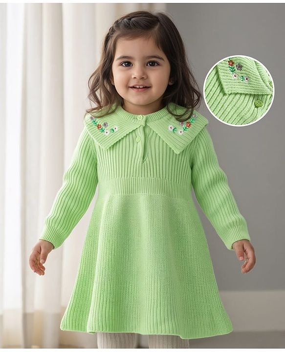 Babyhug Knitted Full Sleeves Woollen Dress With Floral Embroidery - Lime Green