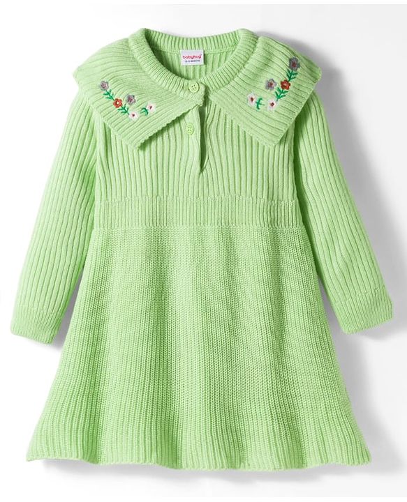 Babyhug Knitted Full Sleeves Woollen Dress With Floral Embroidery - Lime Green