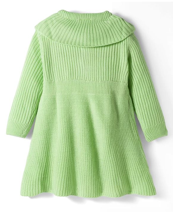 Babyhug Knitted Full Sleeves Woollen Dress With Floral Embroidery - Lime Green