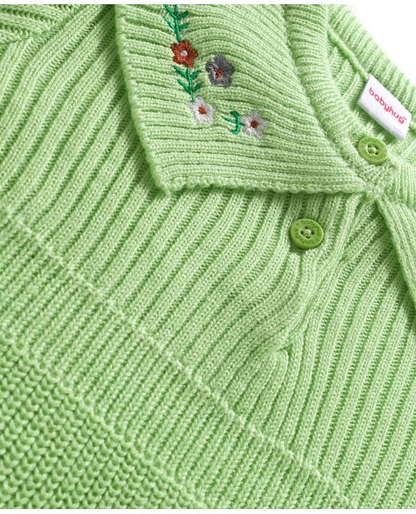 Babyhug Knitted Full Sleeves Woollen Dress With Floral Embroidery - Lime Green