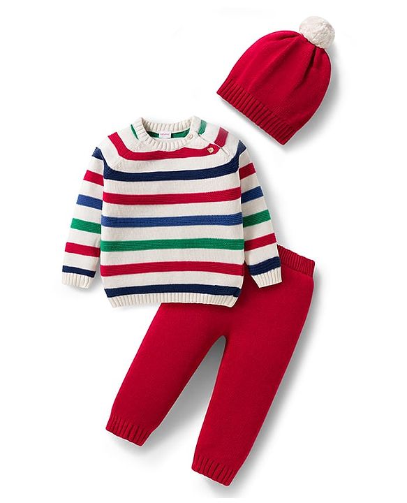 Babyhug Cotton Knit Full Raglan Sleeves Striped Sweater Set with Cap - Red