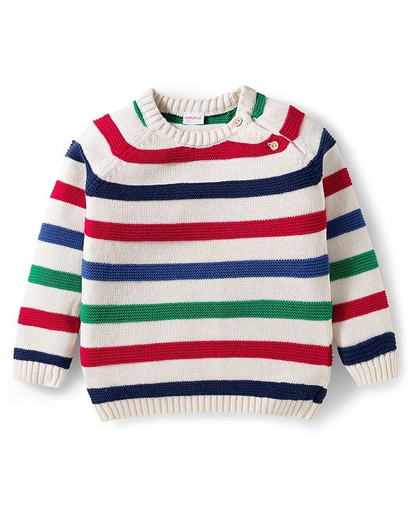 Babyhug Cotton Knit Full Raglan Sleeves Striped Sweater Set with Cap - Red