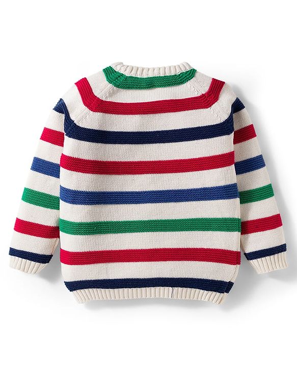 Babyhug Cotton Knit Full Raglan Sleeves Striped Sweater Set with Cap - Red