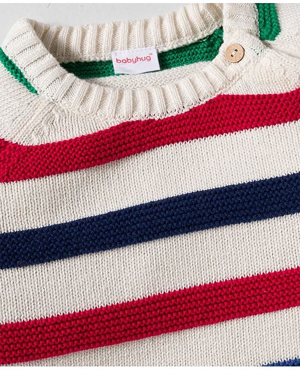Babyhug Cotton Knit Full Raglan Sleeves Striped Sweater Set with Cap - Red