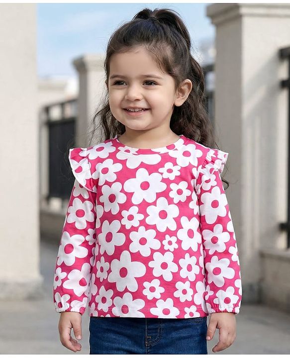 Babyhug 100% Cotton Knit Full Sleeves Top with Floral Print & Frill Detailing - Pink