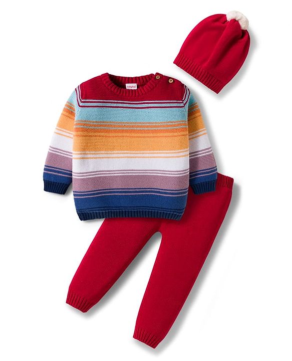 Babyhug Cotton Knit Full Sleeves Sweater Set with Cap  & Stripes - Red