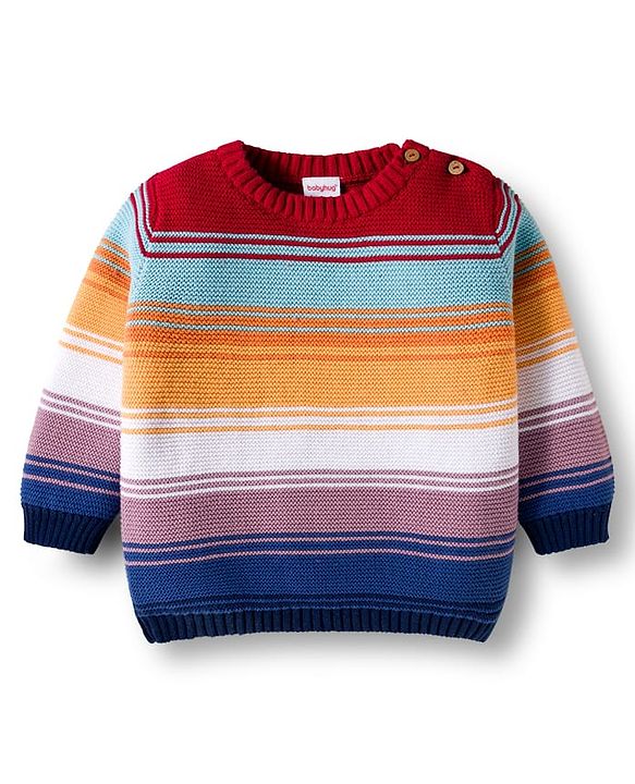 Babyhug Cotton Knit Full Sleeves Sweater Set with Cap  & Stripes - Red