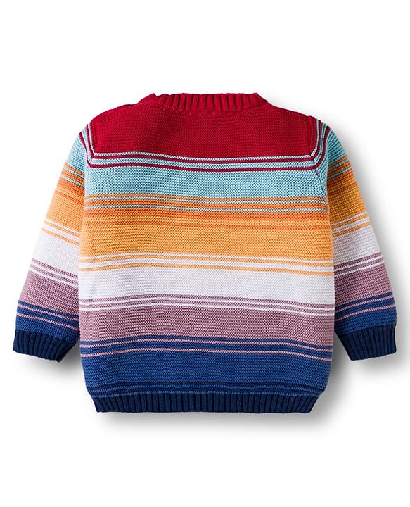 Babyhug Cotton Knit Full Sleeves Sweater Set with Cap  & Stripes - Red