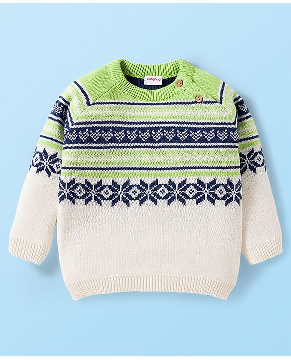 Babyhug Cotton Knit Full Raglan Sleeves Sweater Set with Fair Isle Design & Cap - Blue White & Green