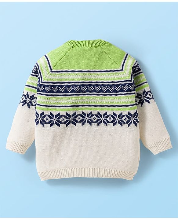 Babyhug Cotton Knit Full Raglan Sleeves Sweater Set with Fair Isle Design & Cap - Blue White & Green