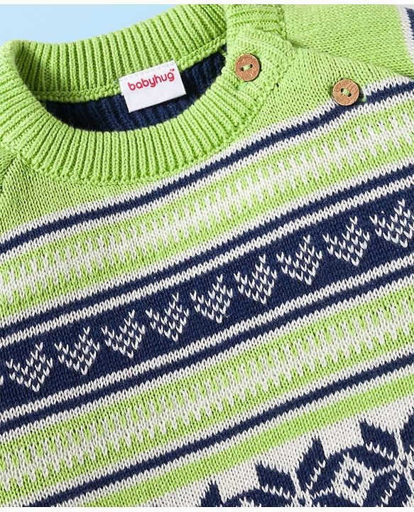 Babyhug Cotton Knit Full Raglan Sleeves Sweater Set with Fair Isle Design & Cap - Blue White & Green
