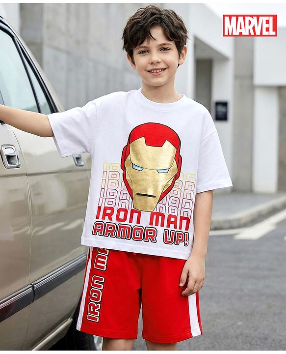 Pine Kids Marvel Single Jersey Knit Oversized Drop Shoulder Half Sleeves T-Shirt and Shorts Set with Avengers Iron Man Graphics - Red & White
