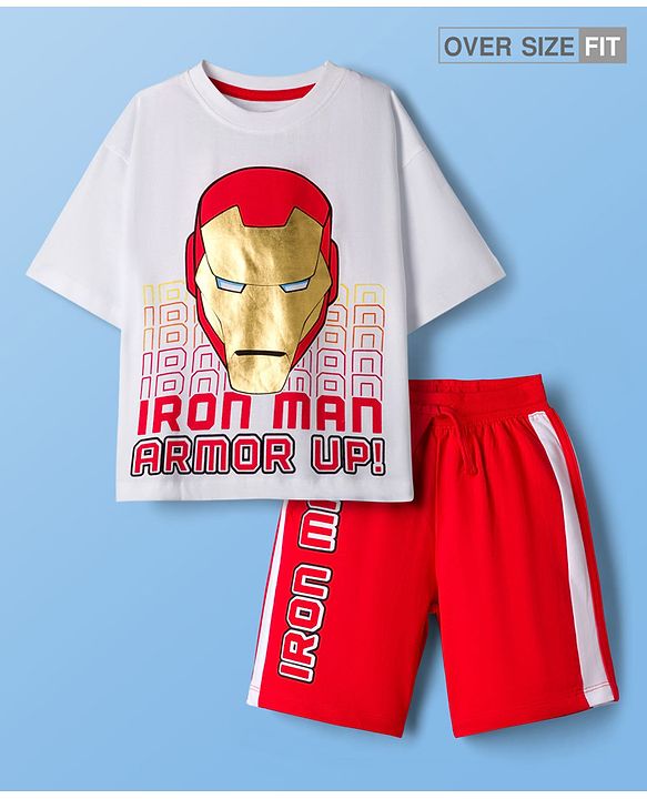 Pine Kids Marvel Single Jersey Knit Oversized Drop Shoulder Half Sleeves T-Shirt and Shorts Set with Avengers Iron Man Graphics - Red & White
