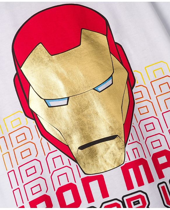 Pine Kids Marvel Single Jersey Knit Oversized Drop Shoulder Half Sleeves T-Shirt and Shorts Set with Avengers Iron Man Graphics - Red & White