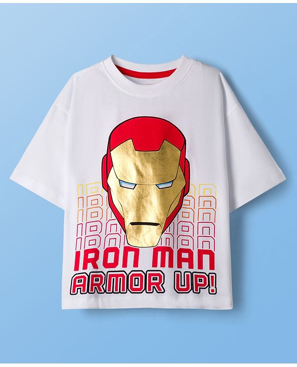 Pine Kids Marvel Single Jersey Knit Oversized Drop Shoulder Half Sleeves T-Shirt and Shorts Set with Avengers Iron Man Graphics - Red & White