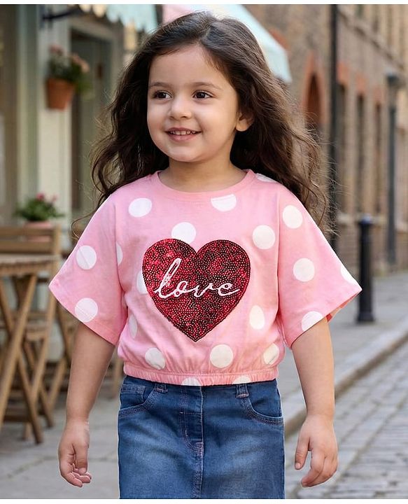 Babyhug 100 % Cotton Knit Half Sleeves Top with Polka Dot & Sequined Heart - Pink