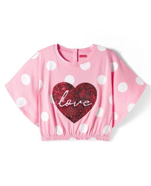 Babyhug 100 % Cotton Knit Half Sleeves Top with Polka Dot & Sequined Heart - Pink