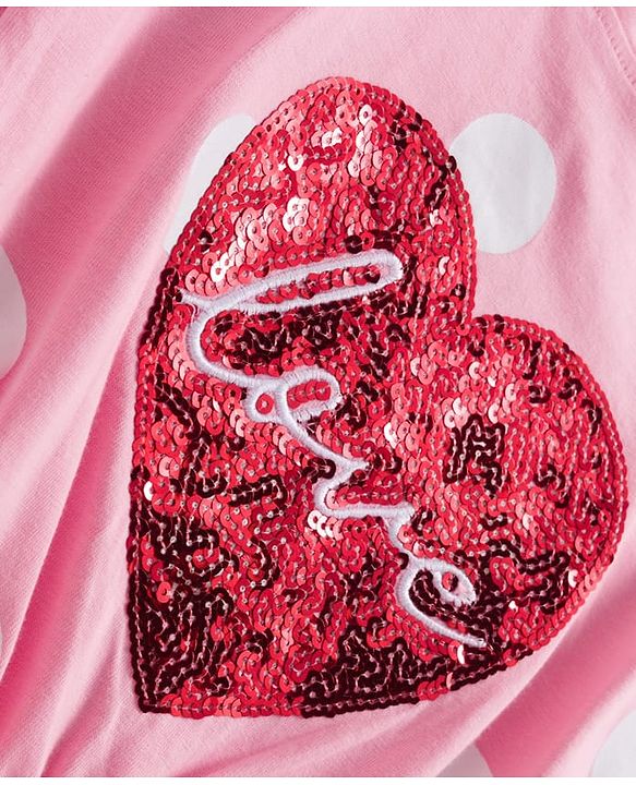 Babyhug 100 % Cotton Knit Half Sleeves Top with Polka Dot & Sequined Heart - Pink