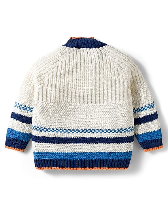 Babyhug Cotton Knitted Full Raglan Sleeves Solid Sweater Set With Cap - Navy Blue & White