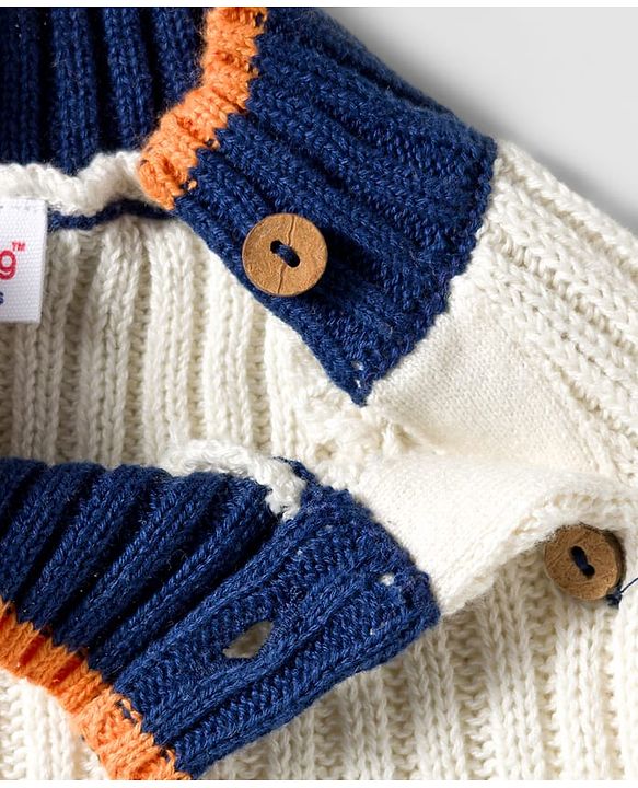 Babyhug Cotton Knitted Full Raglan Sleeves Solid Sweater Set With Cap - Navy Blue & White