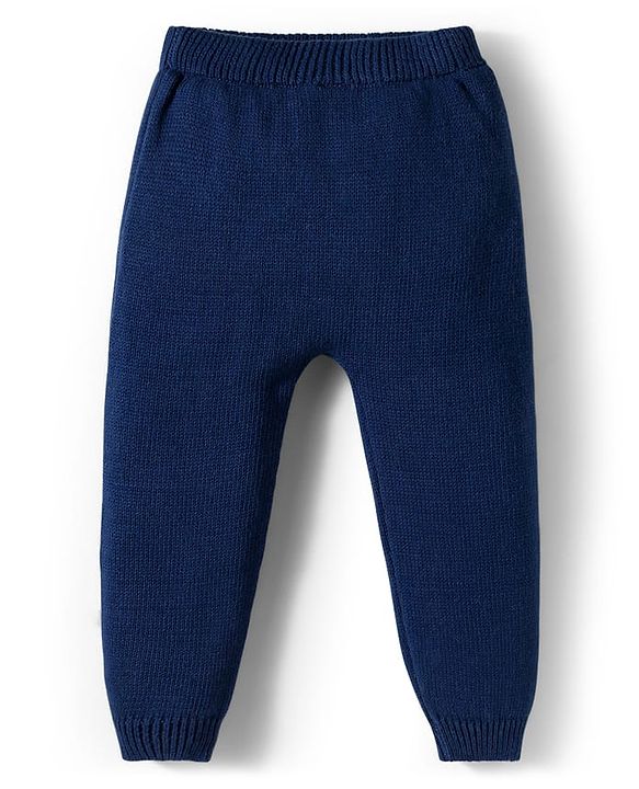 Babyhug Cotton Knitted Full Raglan Sleeves Solid Sweater Set With Cap - Navy Blue & White