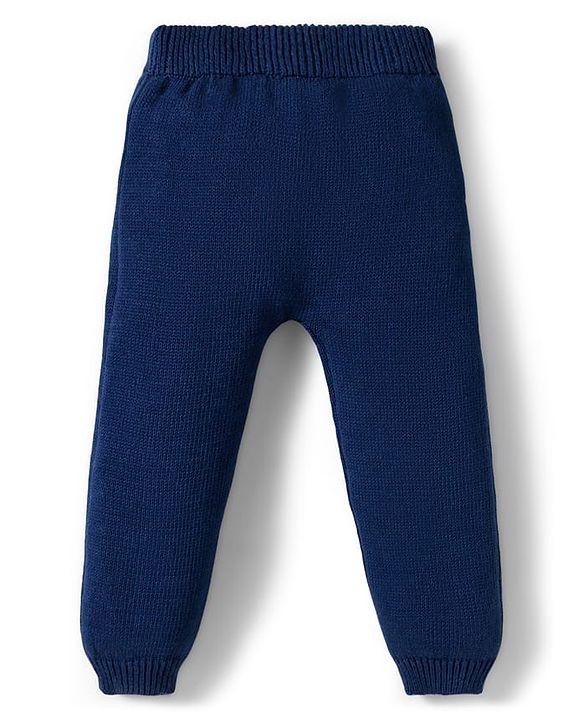 Babyhug Cotton Knitted Full Raglan Sleeves Solid Sweater Set With Cap - Navy Blue & White
