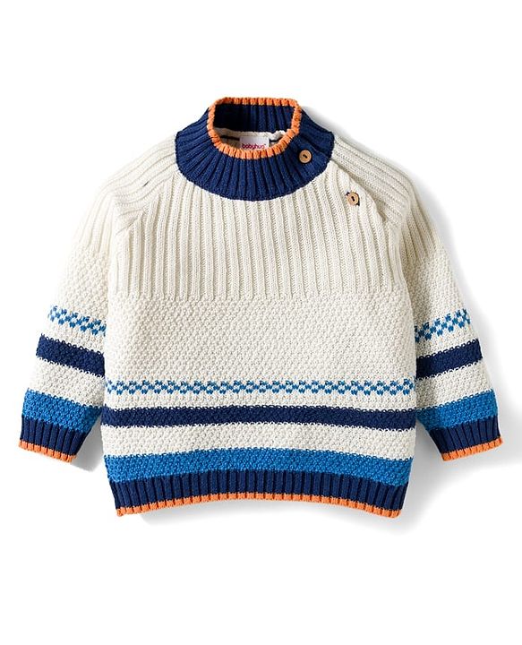 Babyhug Cotton Knitted Full Raglan Sleeves Solid Sweater Set With Cap - Navy Blue & White