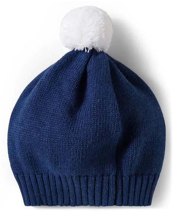 Babyhug Cotton Knitted Full Raglan Sleeves Solid Sweater Set With Cap - Navy Blue & White
