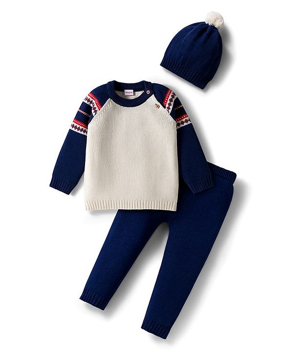 Babyhug Cotton Knit Full Raglan Sleeves Sweater Set with Fair Isle Design & Cap - Navy Blue