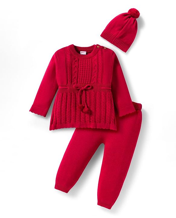Babyhug Cotton Knit Full Sleeves Pullover Sweater Set with Cap & Cable Knit Design - Red
