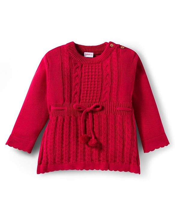Babyhug Cotton Knit Full Sleeves Pullover Sweater Set with Cap & Cable Knit Design - Red