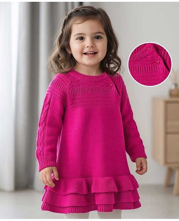 Babyhug Knit Full Raglan Sleeves A-Line Woollen Dress with Cable Knit Design - Dark Pink