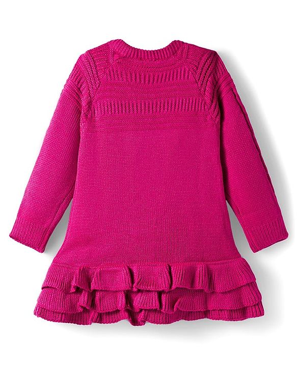 Babyhug Knit Full Raglan Sleeves A-Line Woollen Dress with Cable Knit Design - Dark Pink