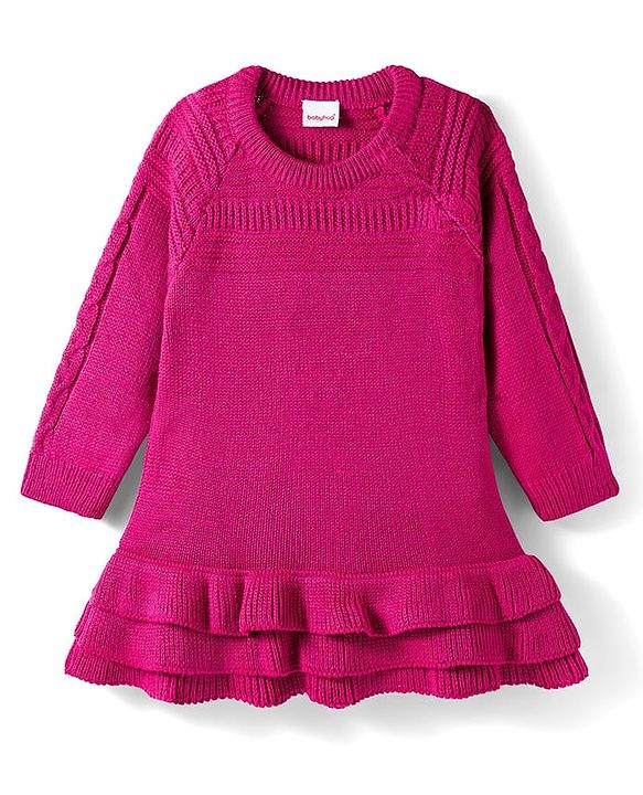 Babyhug Knit Full Raglan Sleeves A-Line Woollen Dress with Cable Knit Design - Dark Pink