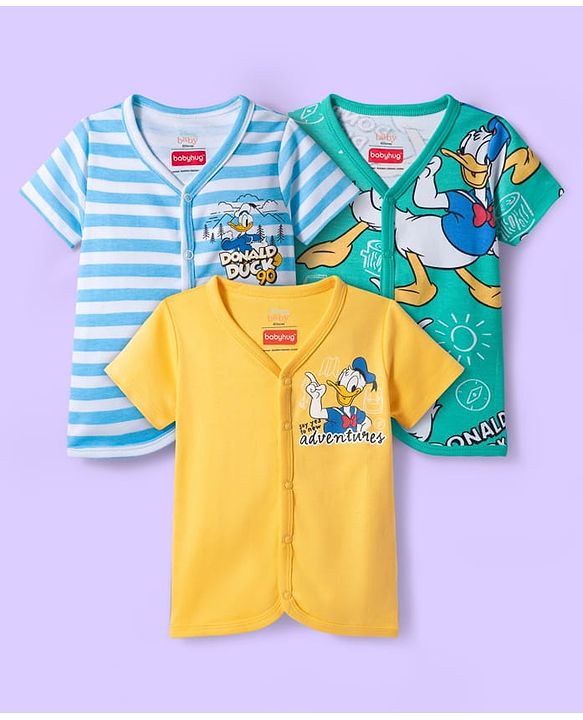 Babyhug Disney Interlock Knit Half Sleeves Jhablas With Donald Duck Print Pack Of 3 - Yellow Light Blue & Sea Green