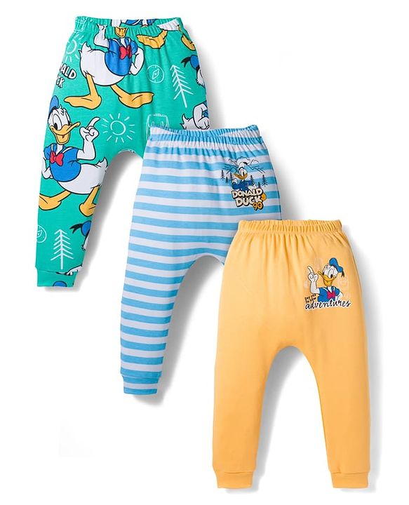 Babyhug Disney Interlock Knit Full Length Diaper Leggings With Donald Duck Graphics Pack Of 3 - Light Blue Sea Green & Yellow