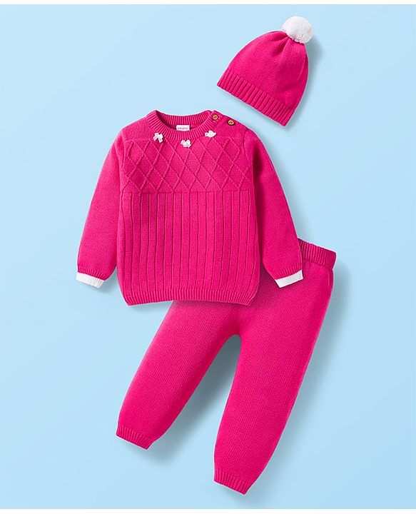Babyhug Cotton Knit Full Sleeves Sweater Set with Bow Applique & Cap - Dark Pink
