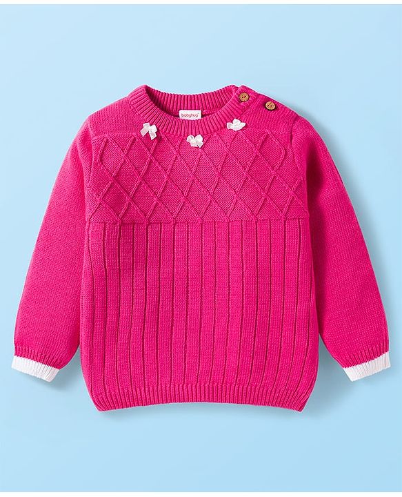 Babyhug Cotton Knit Full Sleeves Sweater Set with Bow Applique & Cap - Dark Pink