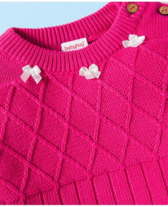 Babyhug Cotton Knit Full Sleeves Sweater Set with Bow Applique & Cap - Dark Pink