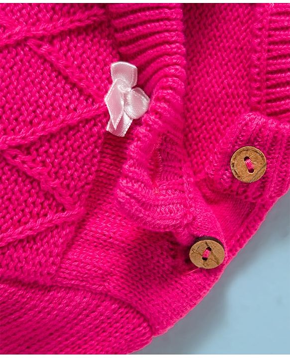 Babyhug Cotton Knit Full Sleeves Sweater Set with Bow Applique & Cap - Dark Pink